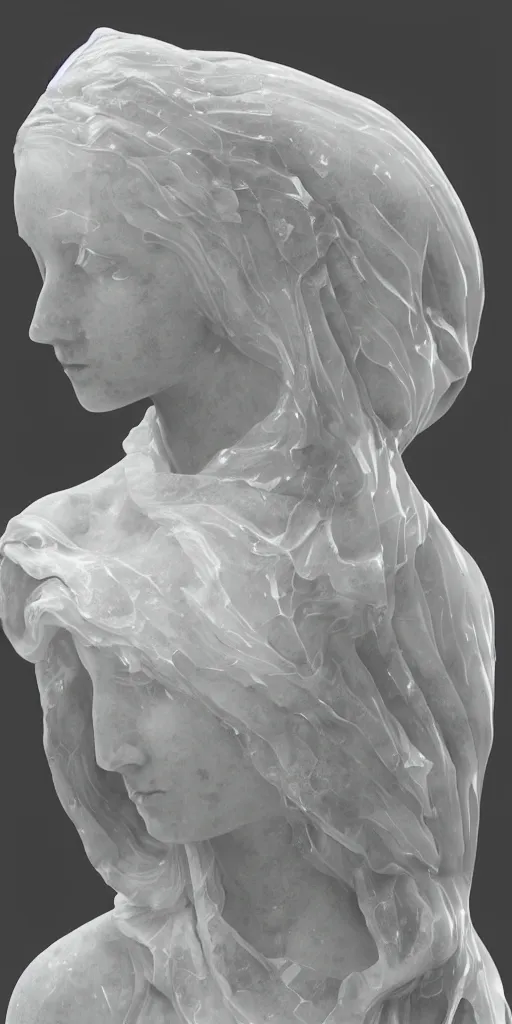 Image similar to a delicate renaissance marble sculpture covered with water veil, highly detailed transparent marble cloth, gi, global illumination, physically based rendering, photorealistic, top light, dark background