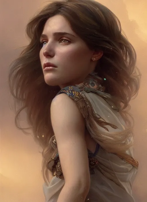 Prompt: beautiful portrait of katie cummings, soft features, by magali villeneuve and greg rutkowski and artgerm and alphonse mucha, intricate, elegant, highly detailed, photorealistic, trending on artstation, trending on cgsociety, 8 k, sharp focus