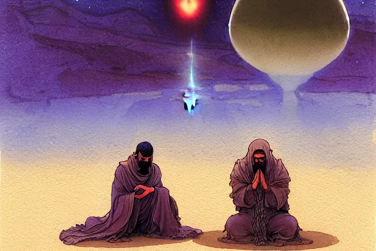 Prompt: a hyperrealist watercolour character concept art portrait of a middle eastern merchant kneeling down in prayer in front of an elegant alien with 1 2 eyes on a misty night in the desert. a ufo is in the background. by rebecca guay, michael kaluta, charles vess and jean moebius giraud