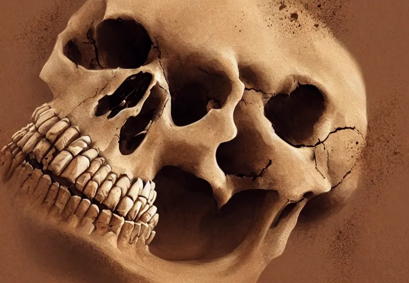 Image similar to close shot of a human skull buried in the sahara desert sand, a realistic digital painting by greg rutkowski and james gurney, trending on artstation, highly detailed