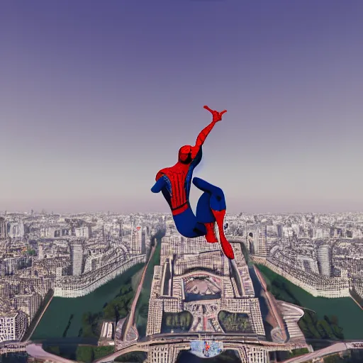 Image similar to two - point perspective landscape of spider man sitting on top of the eiffel tower