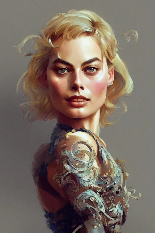 Image similar to A full portrait of Margot Robbie, intricate, elegant, highly detailed, digital painting, artstation, concept art, smooth, sharp focus, illustration, art by Krenz Cushart and Artem Demura and alphonse mucha