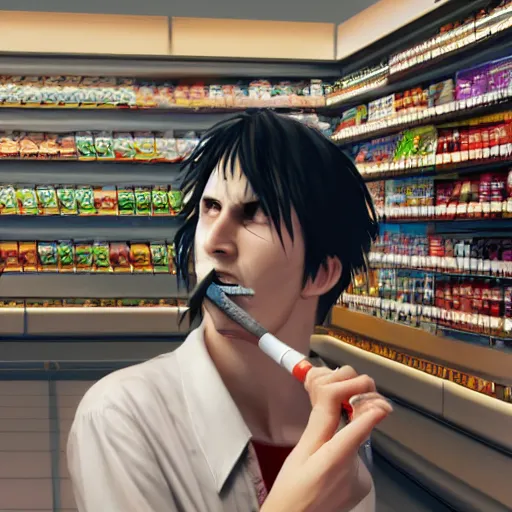 Image similar to realistic beelzebub smoking a joint in a 7 - 1 1 store, volumetric lighting, cgsociety, artstation, in the style of artgerm