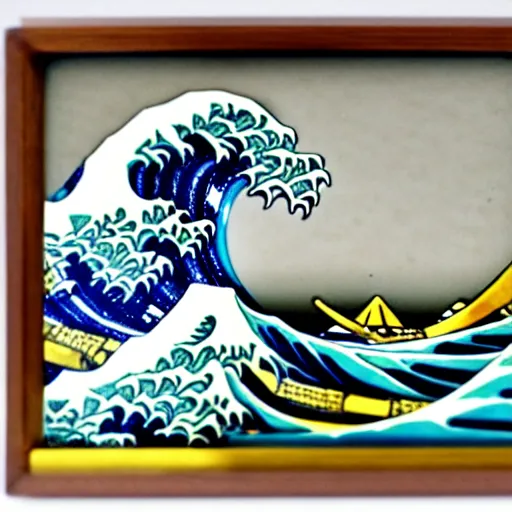 Prompt: carved diorama of the great wave off kanagawa made of marble with jade and gold insets