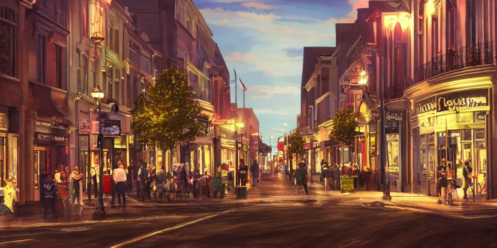 Image similar to Photorealistic Grafton Street on a quiet Charlottetown night. Hyperdetailed photorealism, UHD, amazing depth, glowing rich colors, golden ration, 3d shading, cinematic lighting, artstation concept art