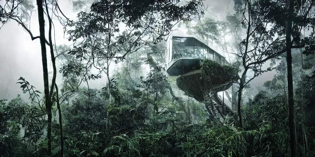 Prompt: astonishingly detailed photograph of a luxurious tree house made of glass and steel in a thick jungle environment, moist and foggy, mysterious, futuristic architecture, dark sci-fi atmosphere, film grain