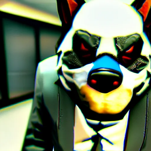 Image similar to screenshot from the pc game payday 2 ( max graphics settings ) demonstrating the fursuit unlock