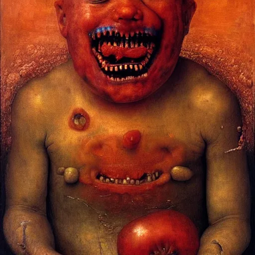 Prompt: a boy sitting in a bathtub full of tomato sauce, looking straight into camera, screaming in pain, by giuseppe arcimboldo and ambrosius benson, renaissance, fruit, intricate and intense oil paint, a touch of beksinski and hr giger, realistic