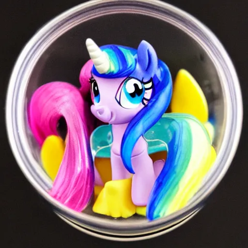 Image similar to a my little pony figurine inside a jar ; the jar is filled with a mysterious sticky yellowish fluid