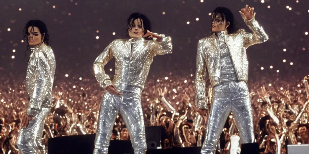 Prompt: Michael Jackson standing alone in a shiny reflective, gold and silver outfit at a concert in the year 1996 ultra realistic, 4K, movie still, UHD, sharp, detailed, cinematic, render, modern