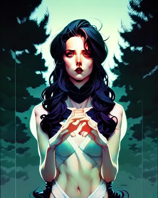 Prompt: artgerm, joshua middleton comic cover art, full body pretty even rachel wood faye, symmetrical eyes, symmetrical face, long curly black hair, beautiful forest, cinematic lighting