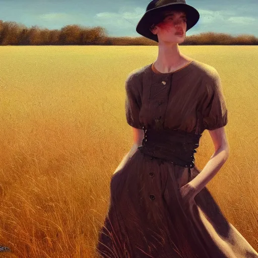 Image similar to a vogue model in a field, oil painting, pale colors, high detail, 8 k, wide angle, trending on artstation,