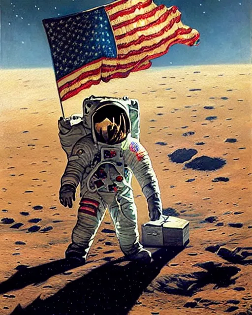 Image similar to handsome astronaut plants a flag on the moon, painting by gaston bussiere, craig mullins, j. c. leyendecker