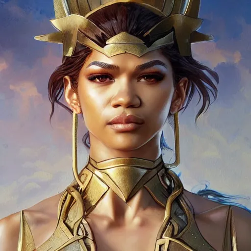 Prompt: zendaya as the greek goddess of thunder, art by artgerm and greg rutkowski and sakimichan, trending on artstation