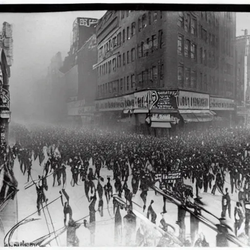Image similar to old black and white photo, 1 9 1 3, depicting a ghost rider rampaging through the bustling streets of new york city, historical record