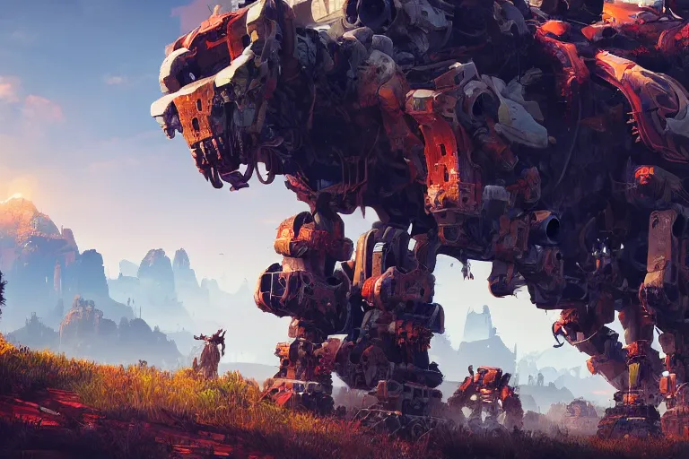 Image similar to behemoth machine mecanical creature robot of horizon forbidden west horizon zero dawn radiating a glowing aura global illumination ray tracing hdr fanart arstation by ian pesty and alena aenami artworks in 4 k