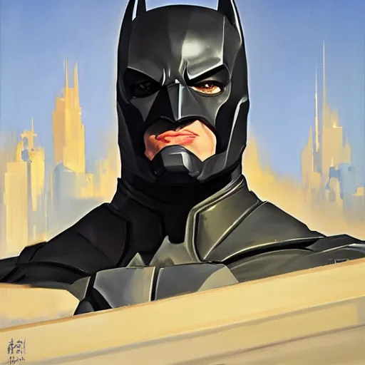 Image similar to greg manchess portrait painting of fully armored bruce wayne aka batman as overwatch character, medium shot, asymmetrical, profile picture, organic painting, sunny day, matte painting, bold shapes, hard edges, street art, trending on artstation, by huang guangjian and gil elvgren and sachin teng