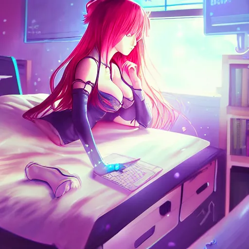 Image similar to digital!! anime art!!, gamer girl in a messy bedroom sleeping on her desk, wlop, rossdraws, artgerm, ross tran