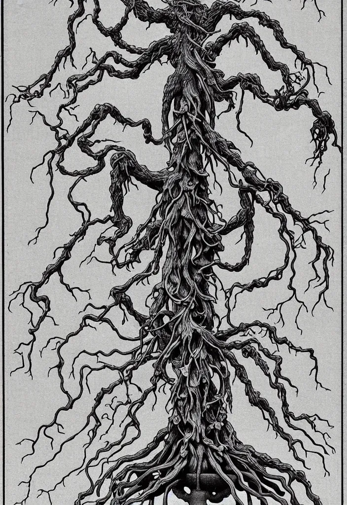 Prompt: prompt: dissection drawing of magical white skeleton Bonsai tree squid creature roots merging into big moon drawn by Takato Yamamoto, bonsai skeleton anatomy, veins and organs attached to tree roots, alchemical objects inspired by 1980's sci-ci, intricate oil painting detail, manga 1980