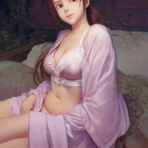 Prompt: aerith gainsborough with silk robe with decollete and bra | | big eyes!!! bedroom realistic shaded, pleasant face, bad looking, fine details, realistic shaded lighting poster by greg rutkowski, artgerm, kyoto animation and alphonse mucha