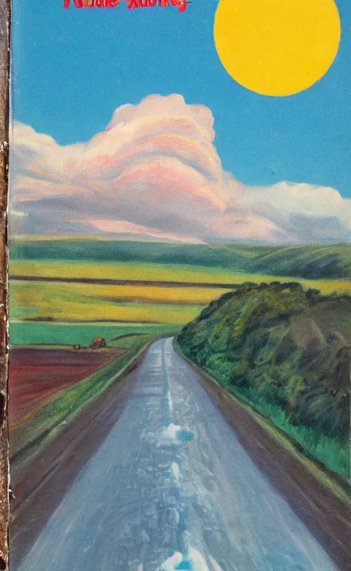 Image similar to paperback book cover. 1 9 5 0 s. pure colors, melting clouds, accurately drawn details, a sunburst above a receding road with the light reflected in furrows and ruts, after rain.