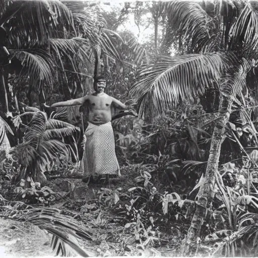 Prompt: lost film footage of a sacred ( ( ( indigenous ) ) ) artifact in the middle of the ( ( ( ( ( ( ( ( ( ( tropical jungle ) ) ) ) ) ) ) ) ) ) / ethnographic object / film still / cinematic / enhanced / 1 9 0 0 s / black and white / grain