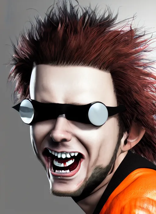 Image similar to An epic fantasy comic book style portrait painting of young man with red spiked long hair, using an orange lens googles. Wearing a black waistcoat, white shirt. He is with a vicious smile in face. Unreal 5, DAZ, hyperrealistic, octane render, cosplay, RPG portrait, dynamic lighting