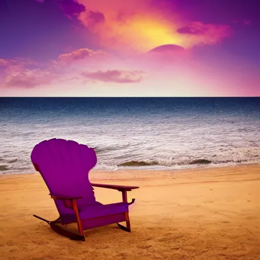 Image similar to purple chair on a red beach with nebula sunset