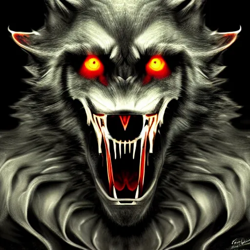 Image similar to a portrait of a scary snarling werewolf with sharp fangs and claws that is howling at the moon, highly detailed, digital photo, hdri, by christopher bretz and john carpenter, vivid colors, high contrast, 8 k resolution, intricate, photorealistic, smooth, psychedelic color scheme, concept art, award winning, cg society contest winner