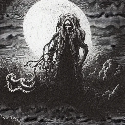 Prompt: a traditional portrait of cthulhu, night, clouds, illustration by Gustave Doré
