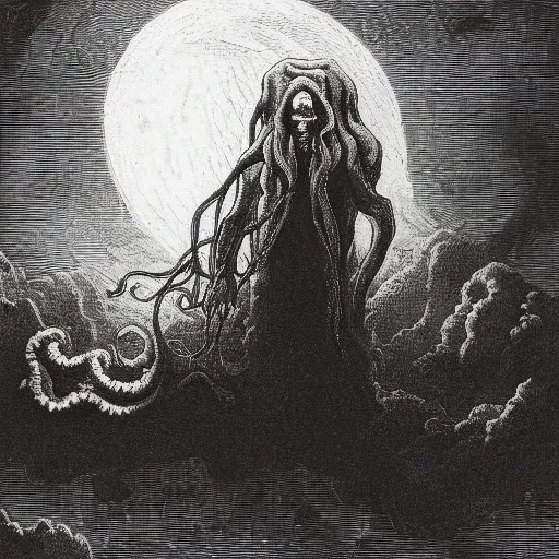 Image similar to a traditional portrait of cthulhu, night, clouds, illustration by Gustave Doré