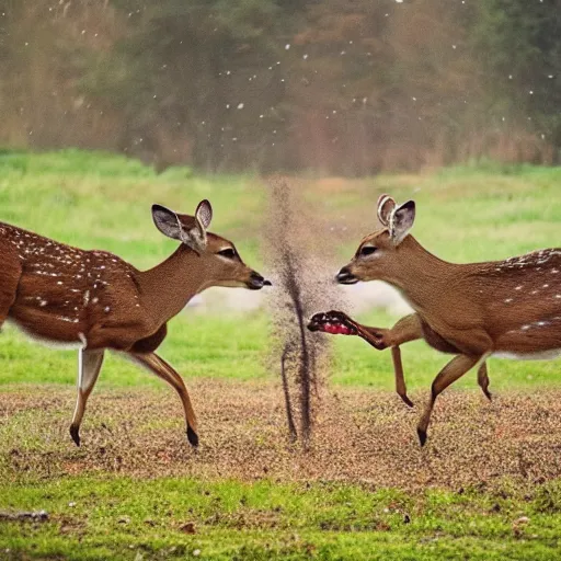 Image similar to cinematic scene of two deer fighting in a house