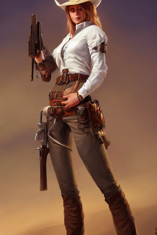 Image similar to full body, female cowgirl, perfect face, white blouse, empty gun holster, 8 k, magic the gathering, desert, d & d, artstation, high detail, smooth, muscular