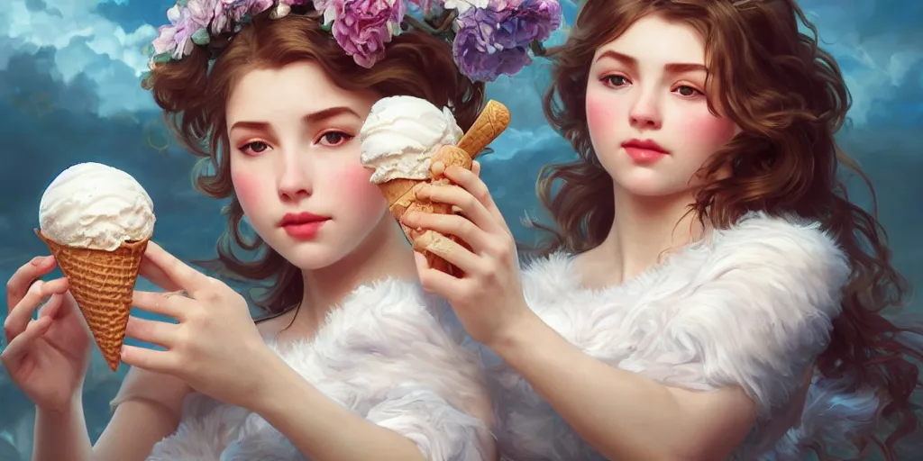 Image similar to a girl with an ice cream cone on hands with a white fluffy cloud in it, realistic 4 k octane cycles beautifully detailed render, 4 k, deep focus, intricate, elegant, highly detailed, photorealistic rendering, sharp focus, illustration, hearthstone, art by artgerm and alphonse mucha