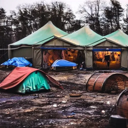 Prompt: a post apocalyptic scene at night of an overgrown leisure center. tents. barrel fires. glowing fires.