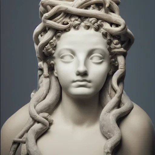 Prompt: a real portrait photo of the mythological medusa, award winning, shallow focus