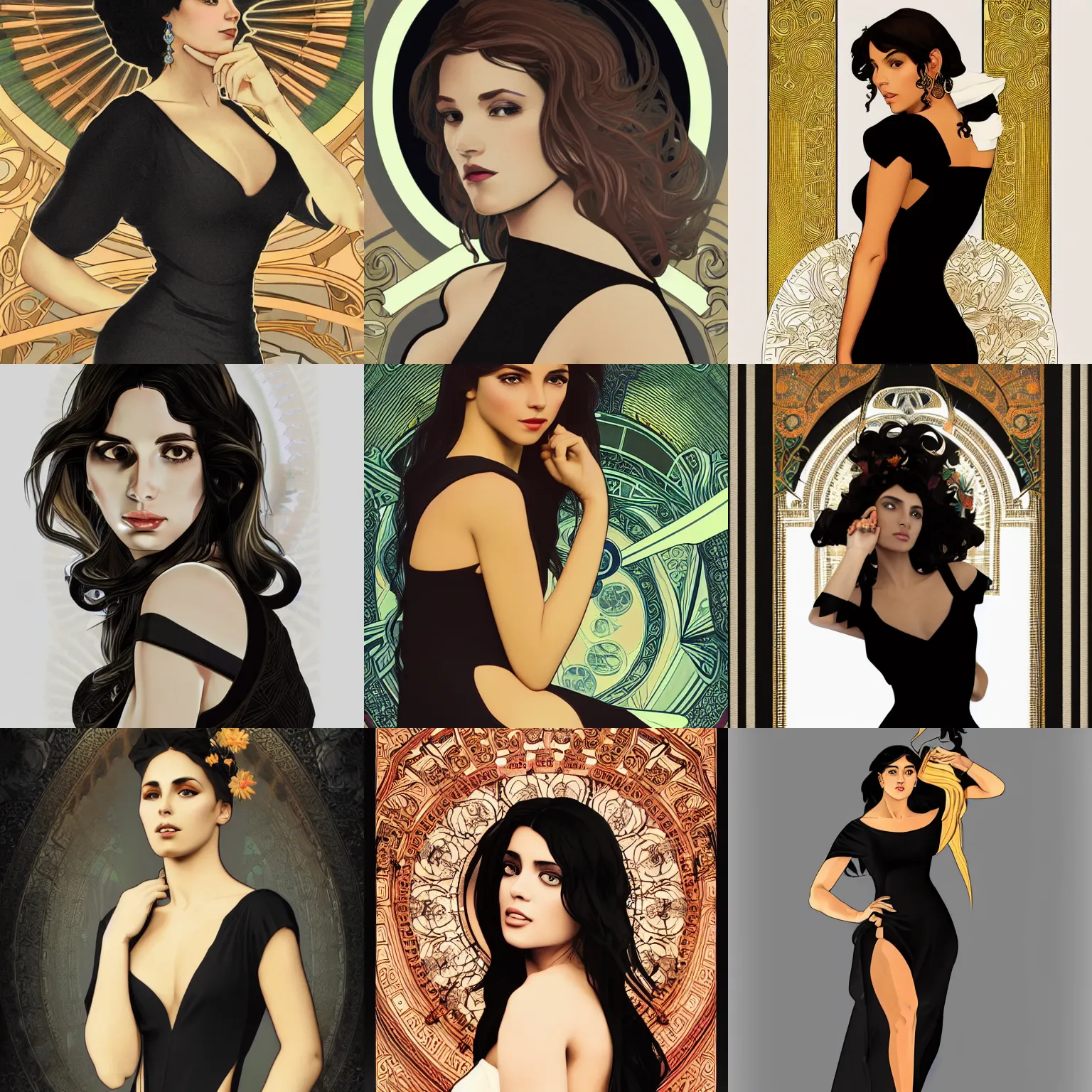Prompt: beautiful latin american woman in a black cutout dress with white trim, as seen on artgerm, octane render, in the style of alphonse mucha, ultra realistic, highly detailed, 8 k
