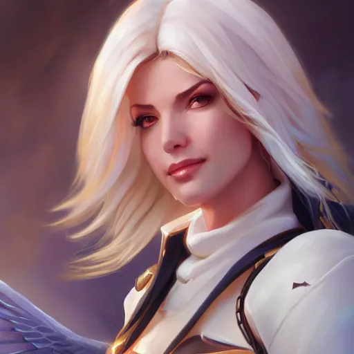 Image similar to Closeup of Mercy from Overwatch, D&D, fantasy, intricate, elegant, highly detailed, digital painting, artstation, concept art, matte, sharp focus, illustration, hearthstone, art by Artgerm and Greg Rutkowski and Alphonse Mucha