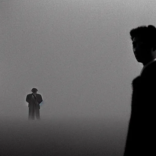 Image similar to a man in the fog and a giant starfish monster emerging above, 1950s Korean film noir in the style of Orson Welles and Ishirō Honda, ambient