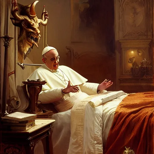 Prompt: the pope wakes up is his bed, sweating, nervous, terrified, because a double horned shadow demon lurks in the papal bedroom. highly detailed painting by gaston bussiere, j. c. leyendecker, greg rutkowski, craig mullins 8 k