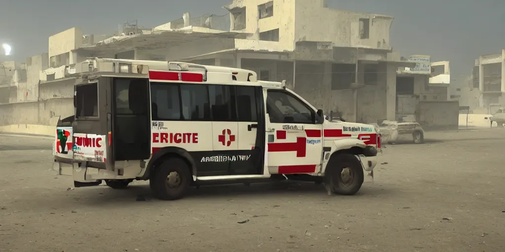 Prompt: arabic ambulance attending emergency in pakistan city, light cinematic, volumetric, realistic, cinematic lighting, hyper realistic