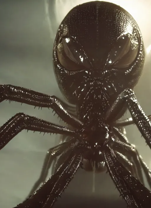 Image similar to film still of kim kardashian, alien spider over her face as she struggles, spider webbed body, scary, cinematic full shot, full body pov, 4k.