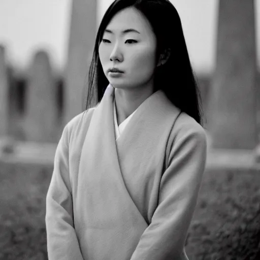 Image similar to black and white photo full shot of beautiful deep thinking Japanese women with perfect eyes and simetrical face, standing in the cementary at night, shot by Akira Kurosawa perfect cinematic light, 8k, highl details, sharp