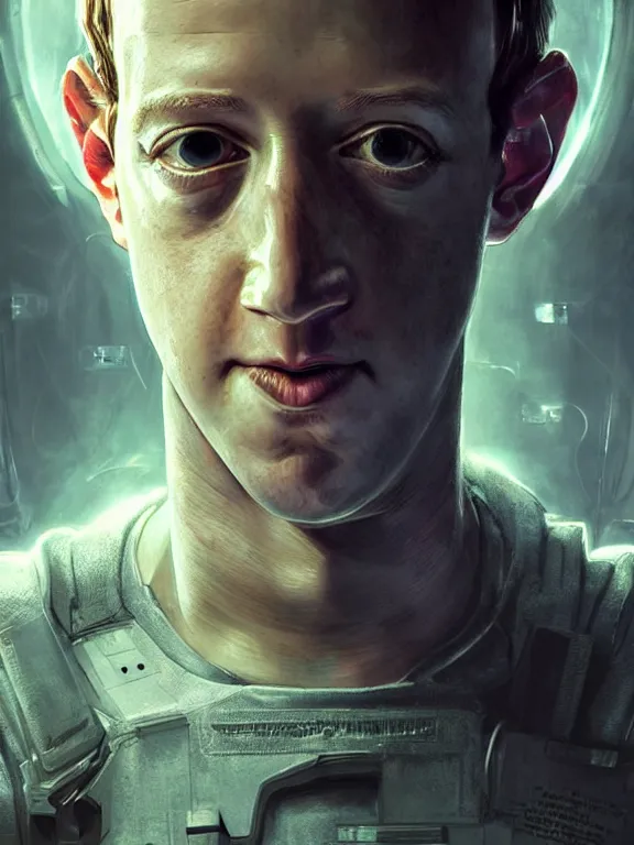 Image similar to portrait of a mark zuckerberg as an android from alien isolation, art by ryo shiotani and greg rutkowski, intricate, beautiful, cute, cinematic lighting, vintage art by serge ivanoff, high resolution, very detailed