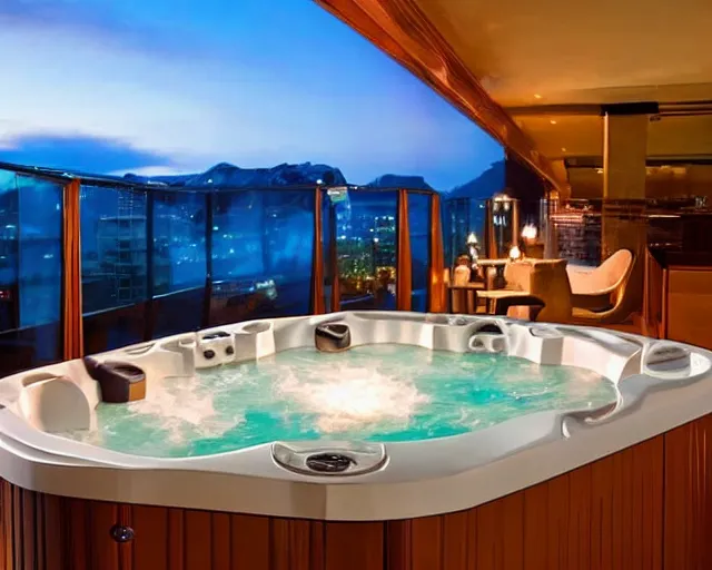 Image similar to a luxury hotel room with a beautiful view from the balcony, and a hot tub inside.