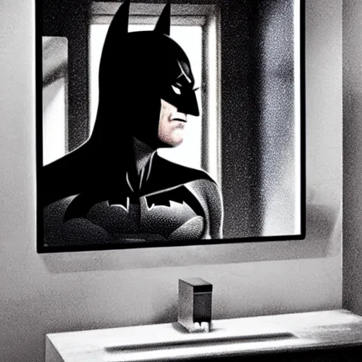 Prompt: batman taking a selfie in a bathroom mirror