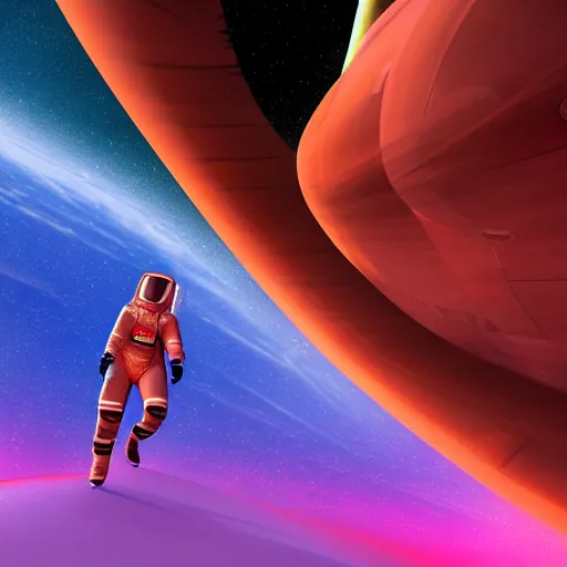 Image similar to a wide angle shot from below of a female astronaut with an athletic feminine body walking with swagger towards camera on mars in an infinite universe, synthwave digital art