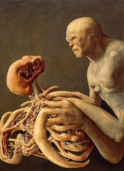 Image similar to a teratoma in the middle of a museum room realizing that he has consciousness his misshapen face expresses horror painted by edward hooper and goya and giorgio de chirico