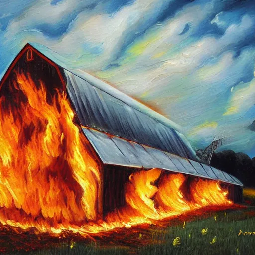 Image similar to burning barn 4k oil painting