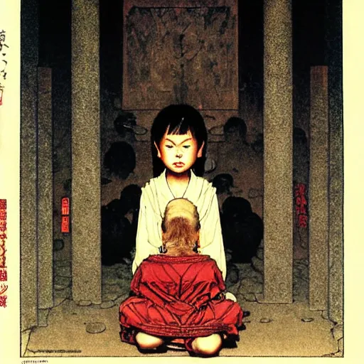 Image similar to Chihiro in a dark temple by Norman Rockwell